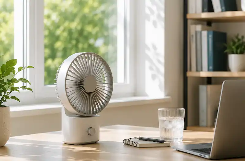 Small fan on a bright home office desk