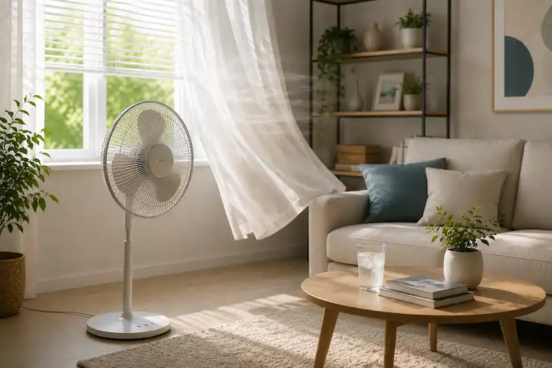 Living room with a standing fan and bright curtains